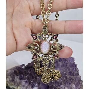 Unsigned Florenza Pendant - Brooch with Imitation Opal - 36" Chain * Read Desc *